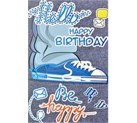 Carte Hapy Birthday Hello Be Happy Bleu Jeans Garçon Ados Baskets Message SMS Texto Enveloppe Fabriqué en France 67-1118