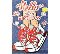 Carte Hapy Birthday Hello Rouge Fille Ados Baskets Cœur Message SMS Texto Enveloppe Fabriqué en France 67-1119