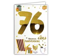 Carte Heureux ANNIVERSAIRE 76 ans avec un texte à l'intérieur - Bouteille Flûtes Champagne Vin Pétillant Cadeaux Etoiles Transat Chaise Longue Fauteuil