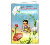 Carte Heureux Anniversaire Abeille sur une Balançoire et Fleurs avec Paillettes pour Enfant Petite Fille - Enveloppe 12x17,5cm - Personnage Illustration Jeunesse Insecte Animal Maya - 37-040
