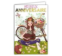 Carte Heureux Anniversaire Or Doré Jeune Fille Femme Bohème hippie chic Fleurs Roses Vélo Bicyclette Guitare Musique Animaux Fabriqué en France 67-1121