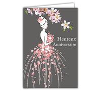 AFIE Carte Heureux Anniversaire pour Jeune Fille - Femme Illustration Robe de Fleurs Roses Printanières Princesse Danseuse Fée - Enveloppe Incluse - Fabriquée en France 65-1333