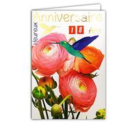 Carte Heureux Anniversaire Tirettes âges de 1 à 110 ans - Texte Or Doré Brillant - Bouquet de Fleurs Renoncules Roses Oranges Oiseaux Colibris Bleu Vert