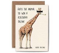 Carte humoristique Girafe Guess the Animal to Win a Birthday Drink - Conçue et imprimée au Royaume-Uni