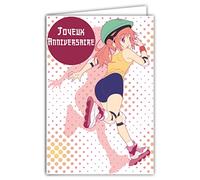 Carte Joyeux Anniversaire - Enveloppe - Personnage Manga Bande Dessinée Japonaise Super Héroïne Rollers Patins à roulettes Roses Sportive Jeune Fille Ados - Fabriquée en France - Afie 67-1239