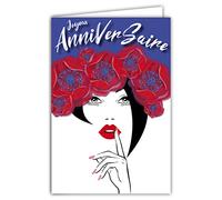 Carte Joyeux Anniversaire Femme Fille Couronne de Fleurs Coquelicots Maquillage Rouge à Lèvres Bisous Illustration avec Enveloppe Format 12x17,5cm Papier 300gr Brillant Fabriqué en France AFIE 69-8039
