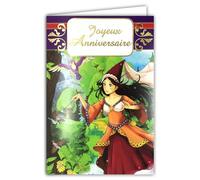 Carte Joyeux Anniversaire Fille Conte de Fée Magicienne Baguette Magique Sort Vœux Forêt Enchantée Manga Enveloppe 12x17,5cm Perroquet Costume Déguisement Illustration Jeunesse Dessin Animé 67-1055-B