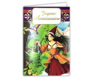Carte Joyeux Anniversaire Fille Conte de Fée Magicienne Baguette Magique Sort Vœux Forêt Enchantée Manga Enveloppe 12x17,5cm Perroquet Costume Déguisement Illustration Jeunesse Dessin Animé 67-1055-B