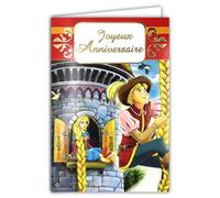 Carte Joyeux Anniversaire pour Enfant Princesse Prince Manga Enveloppe 12x17,5cm Prisonnière Tour Château Longue Chevelure Blonde Illustration Jeunesse Dessin Animé Conte de Fée Raiponce 67-1053-B