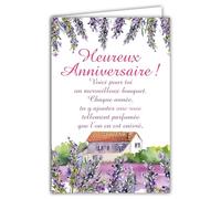 Carte Joyeux Anniversaire pour Femme Grand Texte Bouquet Fleurs Lavande Rose Pivoine - Carte qui s'ouvre avec Enveloppe Format 12x17,5cm 69-3905