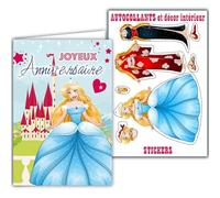 Carte Joyeux Anniversaire Princesse avec 8 Autocollants Vêtements Robes Bleue ou de Soirée ou Kimono Rouge Fleuri Poupée à habiller Décor Château Bal Conte de Fée Enveloppe Blanche 12x17,5cm 67-1038-1