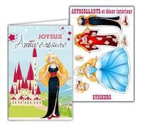 Carte Joyeux Anniversaire Princesse avec 8 Autocollants Vêtements Robes Bleue ou de Soirée ou Kimono Rouge Fleuri Poupée à habiller Décor Château Bal Conte de Fée Enveloppe Blanche 12x17,5cm 67-1038-2