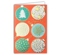Carte Joyeux Noël Boules Sapin étoile Vagues écorce Pomme de Pin Bleu Vert Orange Or Doré Dorure