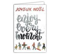 Carte Joyeux Noël Enjoy Every Moment Argenté Brillant Scintillant avec Enveloppe Blanche Format 12x17,5cm - Illustration Passants Cadeaux Sapin Luge Snowboard Hiver Meilleurs Vœux - Fabriqué en France