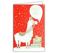 Carte Joyeux Noël Lama Bonnet Péruvien Pompons Cadeaux étoiles Rouge Or Doré Dorure