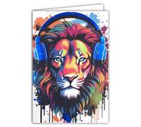 Carte Lion Fauve qui écoute de la Musique avec un Casque Audio Bleu Brillant - Avec Enveloppe Blanche Format 12x17,5cm -Carte ouverte intérieur blanc 23x17cm -Fabriqué en France -Pour Anniversaire