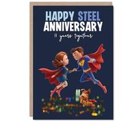 Carte ludique 11e anniversaire - Up, Up and Away After 11 Years - Couple de super-héros à capes célébrant l'amour - A5, enveloppe incluse