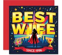 Carte ludique 30e anniversaire - Superhero Wife Powers Since 1996 - Motif bande dessinée audacieuse avec trophée et fleurs - Carré de 145 mm, enveloppe incluse