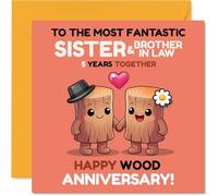 Carte ludique de 5e anniversaire pour belle-sœur et beau-frère - Célébrant cinq années fab - Joli motif de couple en bois avec des touches de rose et jaune - Carré de 145 mm, enveloppe incluse