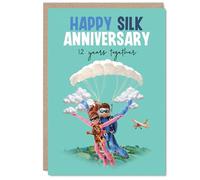 Carte ludique pour 12e anniversaire - Up for Adventure - Personnages parachutistes marquent 12 ans de plaisir - Motif turquoise vif et rose pour un anniversaire de soie - A5, enveloppe incluse