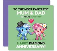 Carte ludique pour 60e anniversaire de mariage pour maman et papa - Soixante ans ensemble - Diamant de dessin animé tenant la main sur un fond coloré et joyeux - Carré de 145 mm, enveloppe incluse
