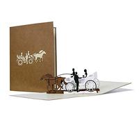 Carte mariage pop up en 3D originale avec couple de mariés avec chevaux et calèche, peut être utilisée comme carte d'invitation, carte de félicitations ou carte de remerciements. Avec enveloppe.