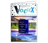 Carte Meilleurs Vœux pour une Excellente Année Collage en Relief Mini Livret Recettes Ingrédients du Bonheur Souhaits 4 Saisons Neige Hiver Fleurs Printemps été Feuilles Automne Bleu 61-4088-B BA