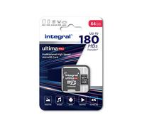 Carte Mémoire 64 Go microSDxC UltimaPro Très Haute Vitesse jusqu'à 180 Mo/s en Lecture, 80 Mo/s en Ecriture, Classe 10, V30, UHS1, U3, Homologuée A2, Adaptateur SD, by Integral Memory