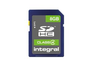 Carte mémoire Integral SDHC 8Go Class 4 UHS-I, vitesse écriture 4Mo/s, 24x32x2.1mm, tension 2.7-3.6V, température opération 0-60°C, RoHS