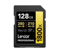 Carte mémoire Lexar Professional 1800x SDXC 128 Go UHS-II Classe 10, lecture 280 Mo/s, écriture 210 Mo/s, U3, V60, température 0-70°C.