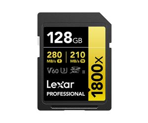 Carte mémoire Lexar Professional 1800x SDXC 128 Go UHS-II Classe 10, lecture 280 Mo/s, écriture 210 Mo/s, U3, V60, température 0-70°C.