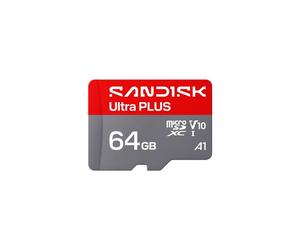 Carte mémoire microSDXC SANDISK Ultra PLUS 64GB UHS-I 1 Lectures 150 Mo/s Rouge et gris