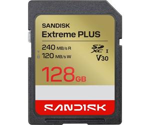 Carte mémoire SDXC SanDisk Extreme PLUS 128GB UHS-I V30 U3 jusqu'à 240MB/s lecture 120MB/s écriture 4K UHD Gris Doré Rouge Blanc