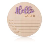 Carte Mensuelle Bebe Bois, 15cm Panneau Hello World en Bois Cartes Étapes Bébé Bois Plaques de Nom de Naissance pour Nouveau-Nés Accessoires Photo pour Fête Prénatale Crèche (Violet Clair)