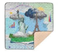 Carte météo Statue de la Liberté et Tour Eiffel Tapis de jeu doux et épais pour l'intérieur et l'extérieur Résistant à l'eau pour nouveau-nés, bébés, nourrissons et tout-petits, 127 x 127 cm