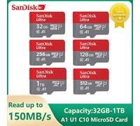 Carte Micro SD SanDisk Ultra 512GB 256GB 128GB 64GB 32GB Carte MicroSDXC MicroSDHC UHS-I Class10 Carte Micro SD 140MB TF Carte Flash SD/TF Mini SD Pour haut-parleurs, robot téléphones mobiles, tablett