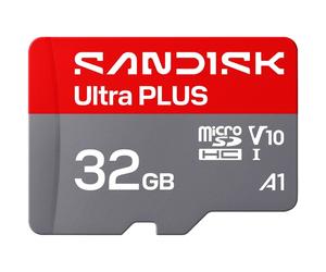 Carte microSDHC SanDisk Ultra Plus 32 Go UHS-I Classe 10 U1 A1 Jusqu'à 130 Mo/s Rouge et gris