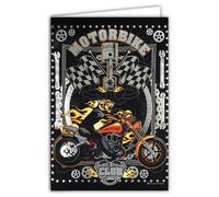 Carte Motorbike Club Legend Bike on the Legend Road Tigre Moto Flamme Mécanique - Argenté Brillant - Carte Ouverte Blanche 23x17cm - Avec Enveloppe Blanche 12x17,5cm -Anniversaire Départ Retraite Fête