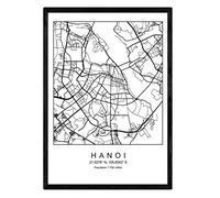 Carte nacique de la Carte de la Ville de Style Nordic Hanoi en Noir et Blanc. Affiche A4 encadrée de Papier imprimé de Cadre Noir 250 GR. Photos, draps et Affiches pour Salon et Chambre à Coucher
