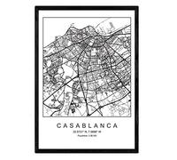 Carte nacique de la Ville Casablanca Nordic Style en Noir et Blanc. Affiche A3 Taille encadrée avec du Papier Noir imprimé 250 GR. Photos, draps et Affiches pour Salon et Chambre à Coucher