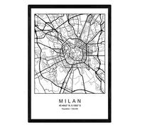 Carte Nacnique de la Ville Milan Nordic Style en Noir et Blanc. Affiche A3 Taille encadrée avec du Papier Noir imprimé 250 GR. Photos, draps et Affiches pour Salon et Chambre à Coucher