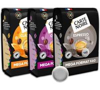 CARTE NOIRE - Café en Dosettes Souples Assortiment Classique N°5/Corsé N°7/Espresso N°8 - 3 Paquets de 60 Dosettes