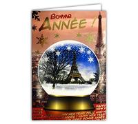 Carte Paillettes avec Enveloppe Bonne Année Meilleurs Vœux Flocons en Or Doré Brillant Boule à Neige Tour Eiffel Paris Romantique Hiver Capitale Française Souhaits Amour Amitié Bonheur 61-4043-A BA