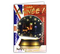 Carte Paillettes Bonne Année Happy New Year en Or Doré avec Enveloppe Meilleurs Vœux Boule à Neige Flocons Londres Big Ben Monument Capitale Anglaise Britannique Drapeau Royaume-Unis 61-4044-A BA