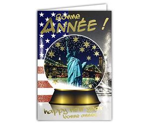 Carte Paillettes Bonne Année Happy New Year en Or Doré avec Enveloppe Meilleurs Vœux Boule à Neige Flocons New York City NYC USA United States of America Statue Liberté Monument Drapeau 61-4044-B BA