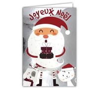 Carte Père Noël Joyeux Noël Argenté Brillant avec Enveloppe Blanche Format 12x17,5cm - Chat Chien Animaux Chapeau Bonnet Cadeau Hiver Meilleurs Vœux Fin d'Année Pour Enfants Sages - Fabriqué en France