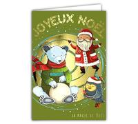 Carte Père Noël Joyeux Noël en Or Doré Brillant avec Enveloppe Blanche Format 12x17,5cm - Ours Blanc Polaire Oiseau Flocon Boule Bonhomme de Neige Hiver Meilleurs Vœux Fin d'Année - Fabriqué en France