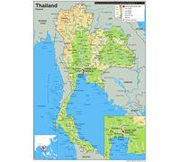 Carte physique de la Thaïlande - Format A1-59,4 x 84,1 cm - Papier laminé