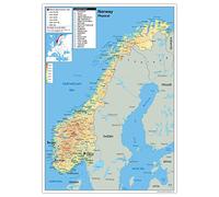 Carte physique de Norvège en papier laminé, GA A2 Size 42 x 59.4 cm claire