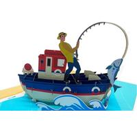 Carte pop-up 3D amusante avec poisson pêcheur dans un bateau pour la fête des pères ou un anniversaire